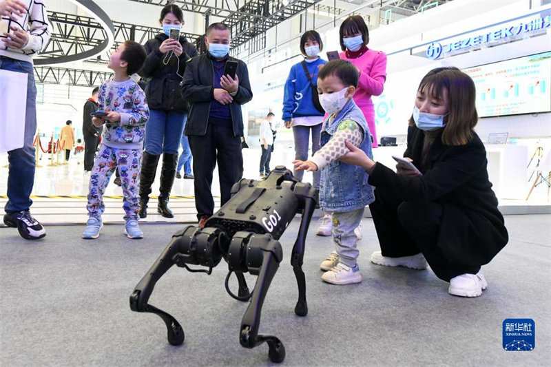 Tarehe 16, Novemba, mtoto akicheza na roboti ya mbwa ya akili bandia kwenye Maonesho ya 10 ya Sayansi na Teknolojia ya Kimataifa yanayofanyika kwenye Mji wa Teknolojia ya China (Mianyang).