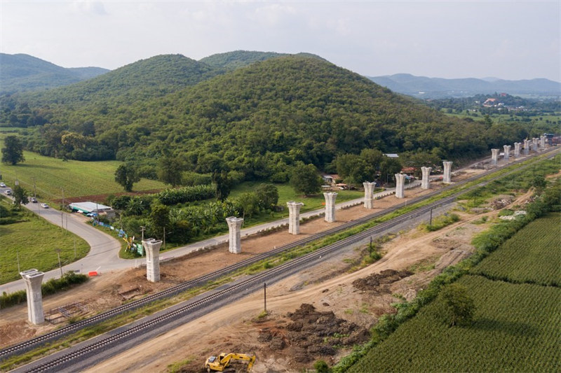 Picha hii iliyopigwa kutoka angani Septemba 7, 2022 ikionyesha eneo la ujenzi wa reli ya China-Thailand katika Jimbo la Nakhon Ratchasima, Thailand. (Xinhua/Lin Hao)