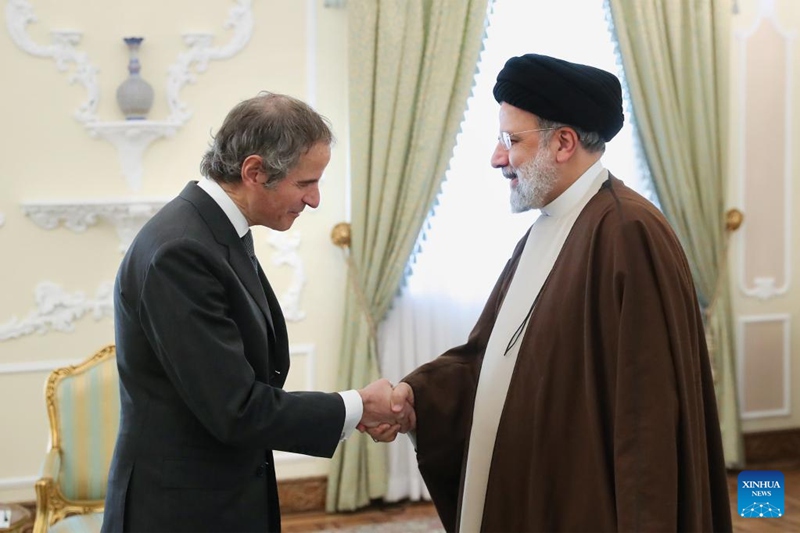 Rais wa Iran Ebrahim Raisi (Kulia) akikutana na Mkurugenzi Mkuu wa Shirika la Kimataifa la Nishati ya Atomiki (IAEA) Rafael Grossi mjini Tehran, Iran, Machi 4, 2023. (Tovuti ya Ikulu ya Iran/ Xinhua)