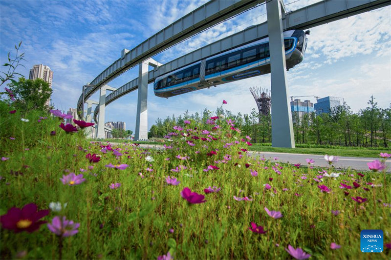 Picha hii iliyopigwa Tarehe 9 Mei 2023 ikionyesha treni ikiendeshwa kwenye njia ya reli moja ya kuning’inia huko Wuhan, Mkoa wa Hubei Katikati mwa China. Njia ya reli moja ya kuning’inia katika Mji wa Wuhan imeanza kuendeshwa kwa majaribio. (Xinhua/Xiao Yijiu)