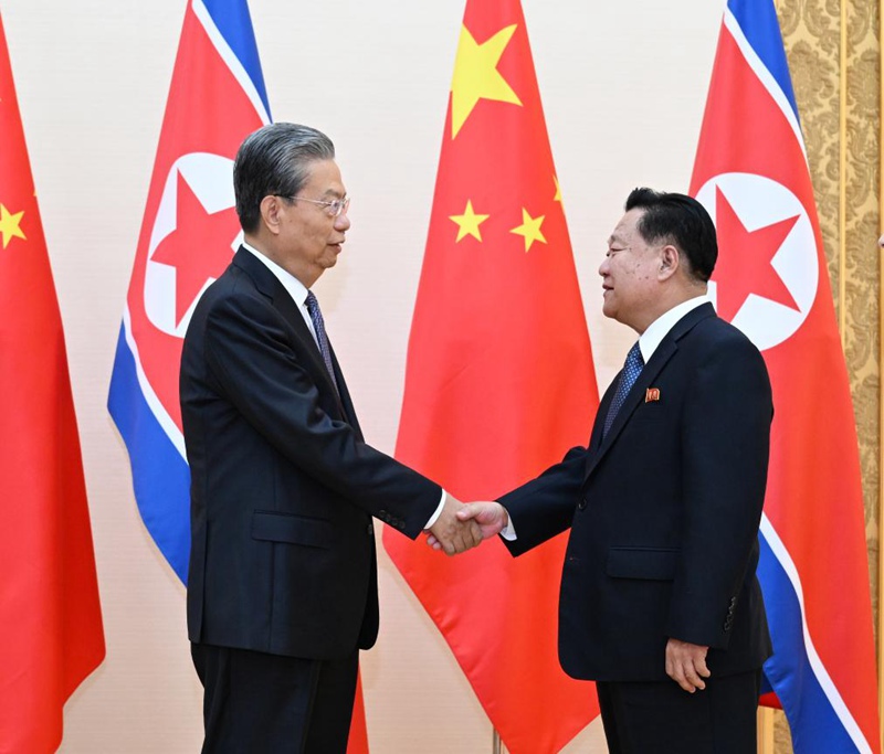 Zhao Leji, Mjumbe wa Kudumu wa  Ofisi ya Siasa ya Kamati Kuu ya Chama cha Kikomunisti cha China (CPC) ambaye pia ni Mwenyekiti wa Kamati ya Kudumu ya Bunge la Umma la China akifanya mazungumzo na Choe Ryong Hae, Mjumbe wa Tume Tendaji ya Ofisi ya Siasa ya Kamati Kuu ya Chama cha Leba cha   Korea (WPK) ambaye pia ni Mwenyekiti wa Kamati ya Kudumu ya Bunge la Juu la Umma la Jamhuri ya Umma ya Kidemokrasia ya Korea (DPRK), mjini Pyongyang, DPRK, Aprili 11, 2024. (Xinhua/ Zhang Ling)