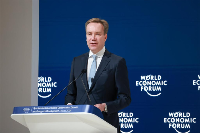 Rais wa Baraza la Uchumi Duniani (WEF) Borge Brende akizungumza kwenye hafla ya ufunguzi wa mkutano maalum wa WEF, unaofanyika Riyadh, Saudi Arabia, Aprili 28, 2024. (Xinhua/Wang Haizhou)