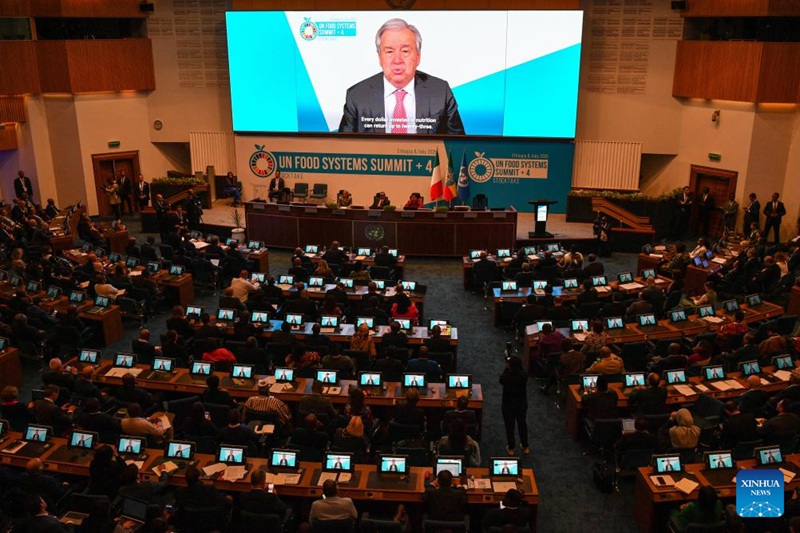 Katibu Mkuu wa Umoja wa Mataifa (UN) Antonio Guterres akihutubia Mkutano wa Kilele wa Pili wa Umoja wa Mataifa wa Mifumo ya Chakula kwa njia ya video mjini Addis Ababa, Ethiopia, Julai 28, 2025. (Xinhua/Michael Tewelde)