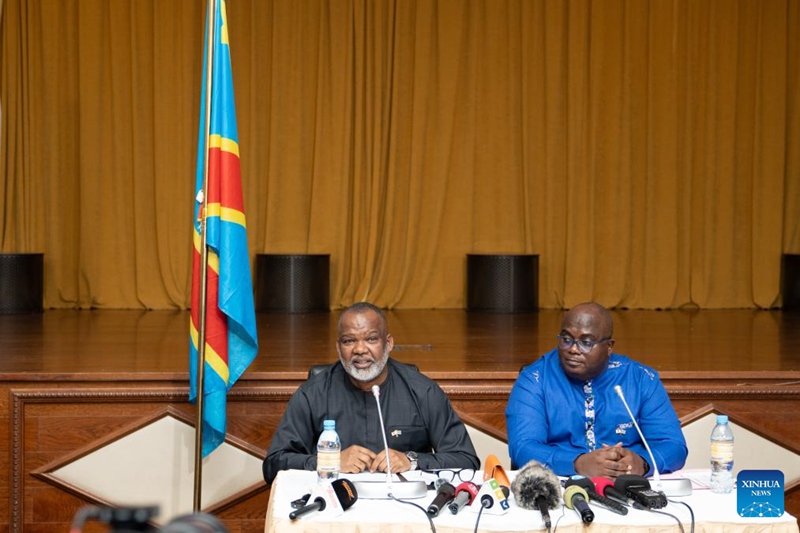Corneille Nangaa (L), head of the Congo River Alliance, a politico-military coalition allied with the March 23 Movement (M23), speaks at a press conference in Goma, North Kivu Province, the Democratic Republic of the Congo (DRC), on Spet. 1, 2025. The M23 rebel group on Monday reaffirmed its commitment to pursue the peace process under Qatari mediation, despite ongoing differences with the government of the Democratic Republic of the Congo (DRC). (Str/Xinhua)